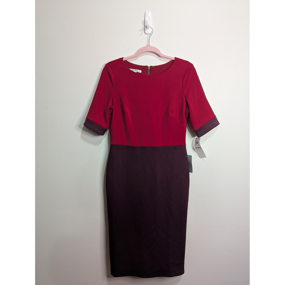 Maggy London Red Burgundy Colorblock Sheath Dress Short Sleeve Exposed Zip Sz 10